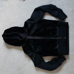 New Black Faux Fur Cropped Hooded Jacket, Size S